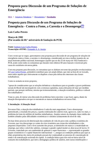 Proposta para discussão de um programa de soluções de emergrência: contra a fome, a carestia e o desemprego