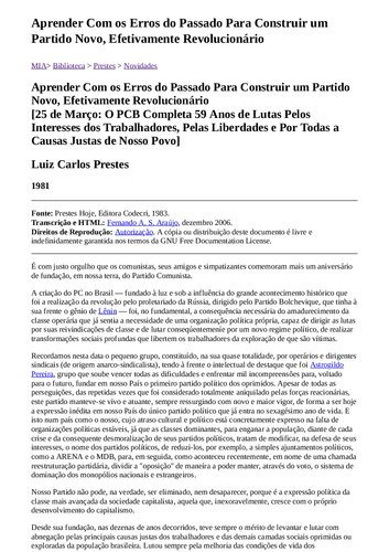 Aprender com os erros do passado para construir um partido novo, efetivamente revolucionário