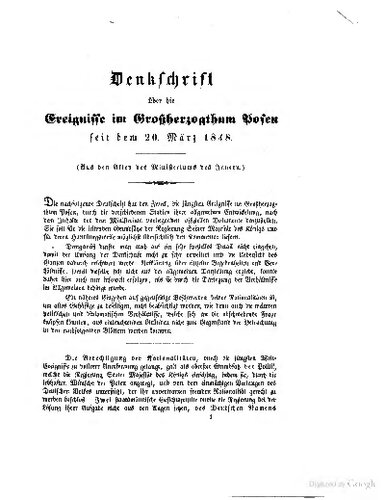 Denkschrift über die Ereignisse im Großherzogtum Posen seit den 20. März 1848