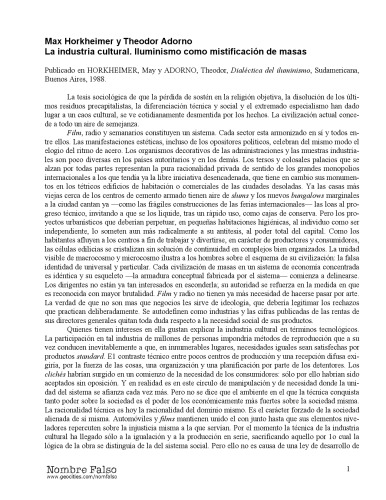 La industria cultural. Iluminismo como mistificación de masas
