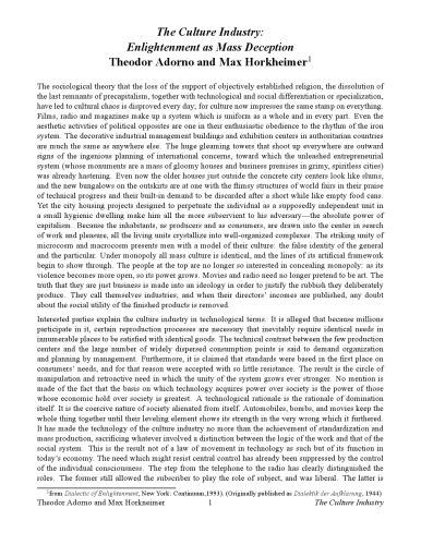 The Culture Industry Enlightenment as Mass Deception