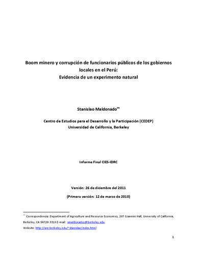 Boom minero y corrupción de funcionarios públicos de los gobiernos locales en el Perú: Evidencia de un experimento natural