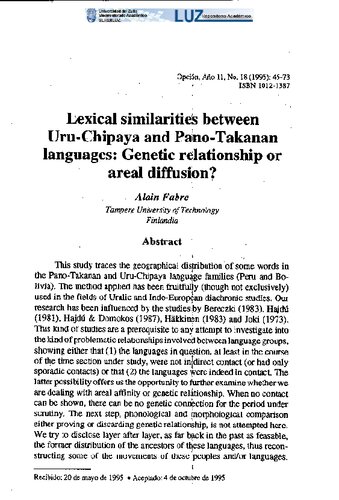 Lexical similarities between Uru-Chipaya and Pano-Takanan languages: Genetic relationship or areal diffusion?