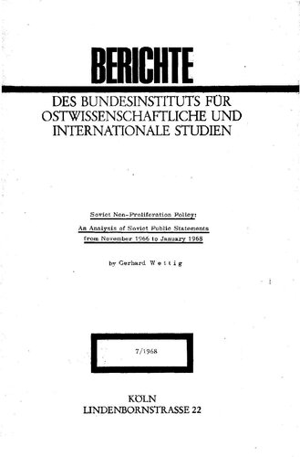 Soviet Non-Proliferation Policy: An Analysis of Soviet Public Statements from November 1966 to January 1968