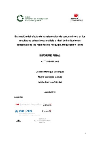 Evaluación del efecto de transferencias de canon minero en los resultados educativos: análisis a nivel de instituciones educativas de las regiones de Arequipa, Moquegua y Tacna