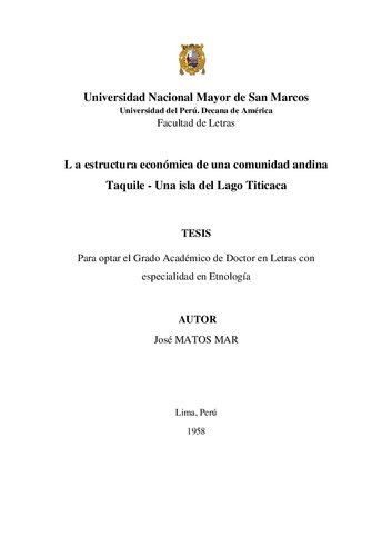La estructura económica de una comunidad andina: Taquile - Una isla del Lago Titicaca (Puno, Perú)