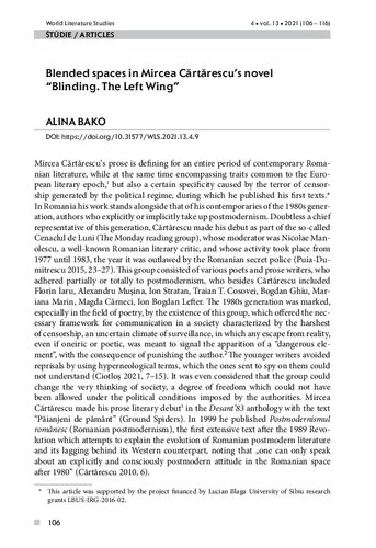 World Literature Studies  Blended spaces in Mircea Cărtărescu’s novel “Blinding. The left wing”