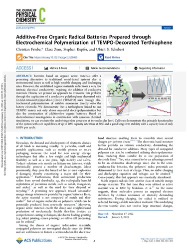 Additive-Free Organic Radical Batteries Prepared through Electrochemical Polymerization of TEMPO-Decorated Terthiophene