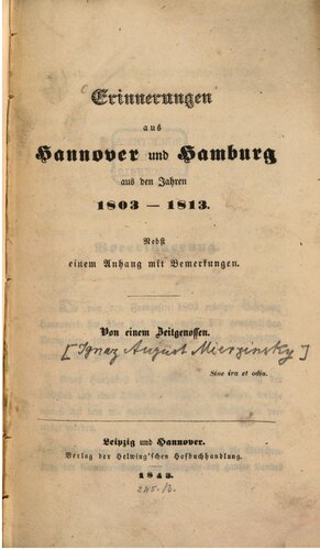 Erinnerungen aus Hannover und Hamburg aus den Jahren 1803-1813