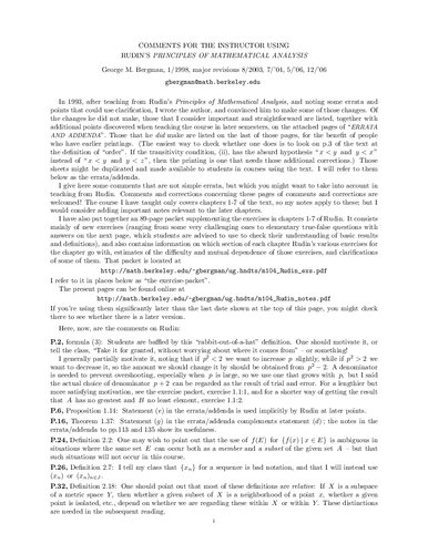Comments for the Instructor Using Rudin's Principles of Mathematical Analysis