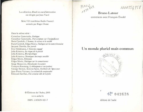 Un monde pluriel mais commun: entretiens avec François Ewald