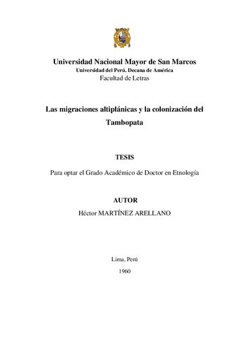 Las migraciones altiplánicas y la colonización del Tambopata (Madre de Dios)
