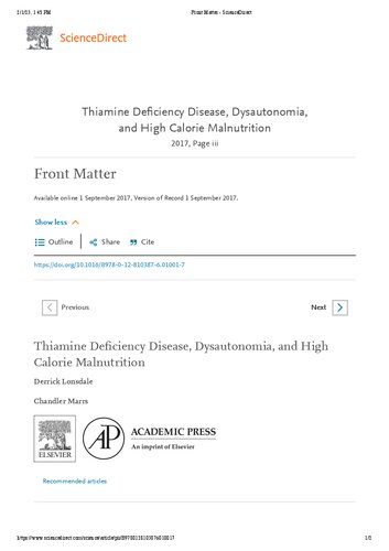 Orthomolecular Medicine : Thiamine Deficiency Disease, Dysautonomia, and High Calorie Malnutrition ( Vitamin B1 - Thiamin )