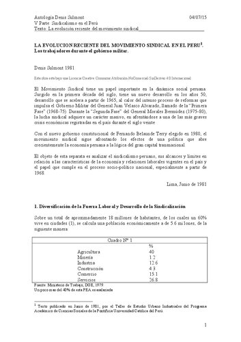 La evolución reciente del movimiento sindical en el Perú. Los trabajadores durante el gobierno militar 1968-1980