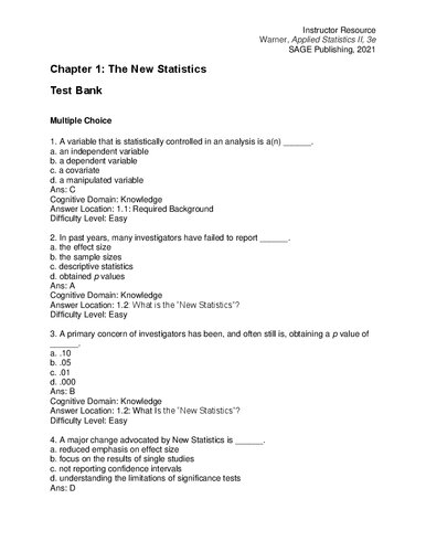 Applied Statistics II Multivariable and Multivariate Techniques Test Bank