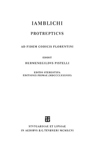 Iamblichi, Protrepticus: Ad Fidem Codicis Florentini