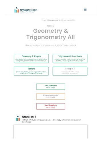 Revision village Math AA HL - Geometry & Trigonometry - Medium Difficulty Questionbank