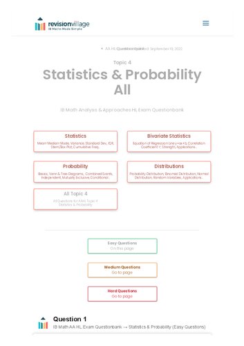 Revision village Math AA HL - Statistics & Probability - Easy Difficulty Questionbank