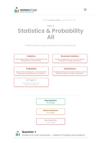 Revision village Math AA HL - Statistics & Probability - Hard Difficulty Questionbank