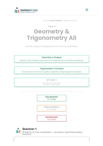 Revision village Math AA SL - Geometry & Trigonometry - Medium Difficulty Questionbank