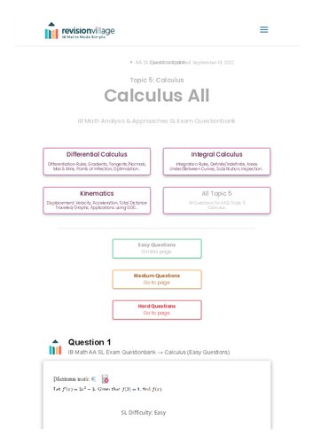 Revision village Math AA SL - Calculus - Easy Difficulty Questionbank