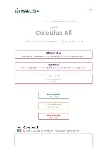 Revision village Math AI SL - Calculus - Medium Difficulty Questionbank