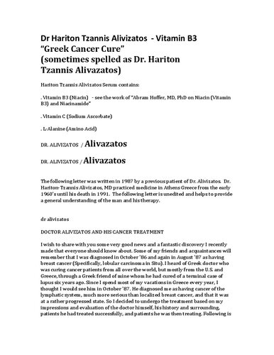 Dr Alivazatos Serum - Dr	Hariton	Tzannis	Alivizatos	Serum	- Vitamin	B3  “Greek	Cancer	Cure” (sometimes	spelled as Dr. Hariton Tzannis Alivazatos)