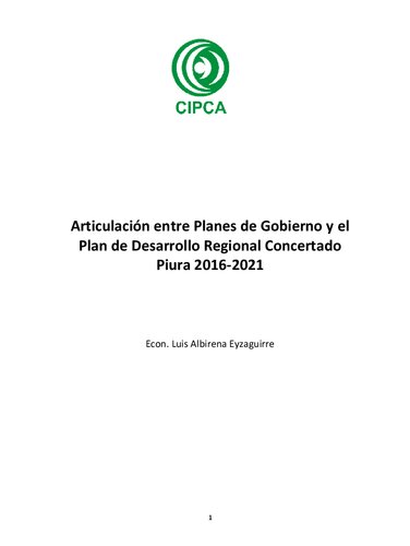 Articulación entre Planes de Gobierno y el Plan de Desarrollo Regional Concertado Piura 2016-2021