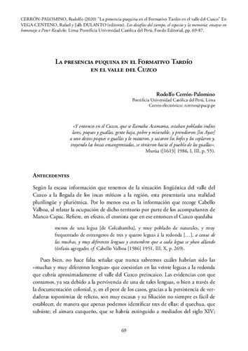 Los desafíos del tiempo, el espacio y la memoria: Ensayos en homenaje a Peter Kaulicke  La presencia puquina en el Formativo Tardío en el valle del Cuzco