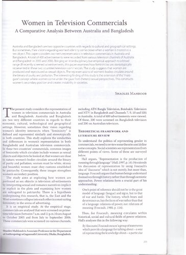 Women in Television Commercials: A Comparative Analysis Between Australia and Bangladesh