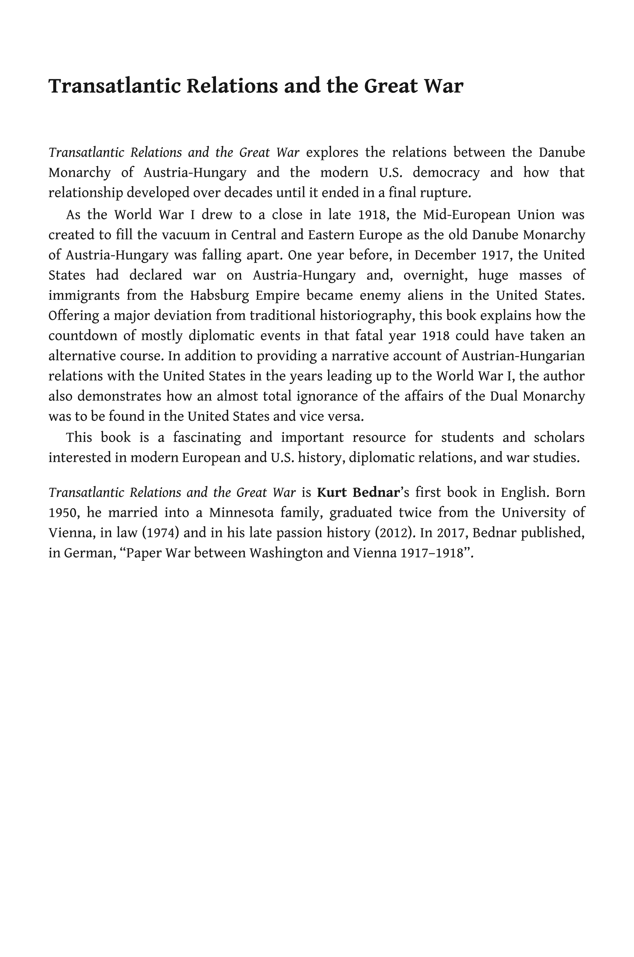 Transatlantic Relations and the Great War: Austria-Hungary and the United States