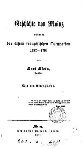 Geschichte von Mainz während der ersten französischen Occupation 1792-1793