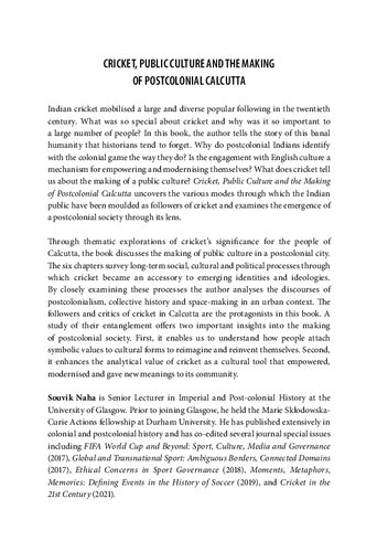 Cricket, Public Culture and the Making of Postcolonial Calcutta