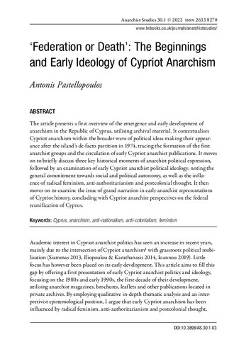 ‘Federation or Death’: The Beginnings and Early Ideology of Cypriot Anarchism