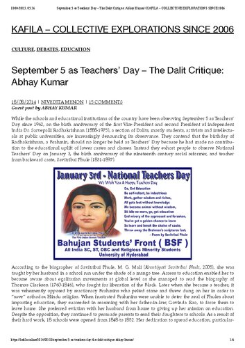 SEPTEMBER 5 AS TEACHERS’ DAY – THE DALIT CRITIQUE
