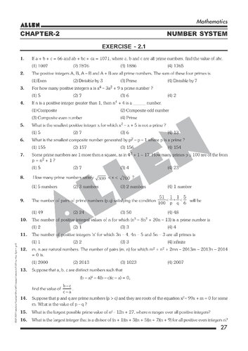 Allen PRMO/IOQM sheet: number system/theory