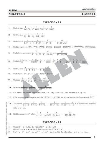 Allen PRMO/IOQM sheet: Algebra