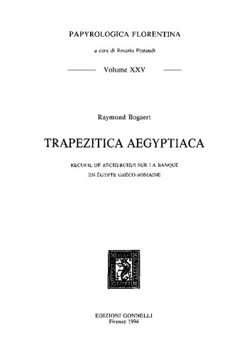 Trapezitica Aegyptiaca: recueil de recherches sur la banque en Égypte gréco-romaine