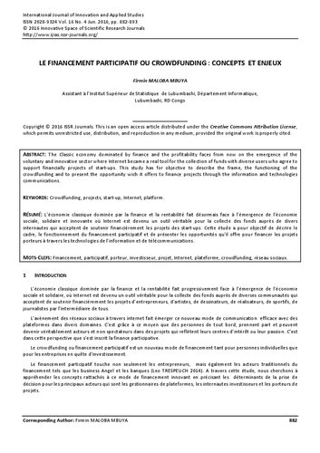 Le Financement participatif : Concepts et enjeux