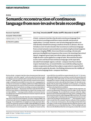 Semantic reconstruction of continuous language from non-invasive brain recordings