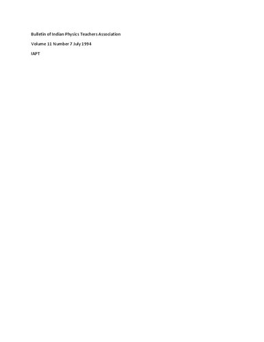 Bulletin of Indian Physics Teachers Association Volume 11 Number 7 July 1994 IAPT