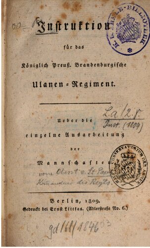 Instruktion für das Königlich Preuß. Bradenburgische Ulanen-Regiment