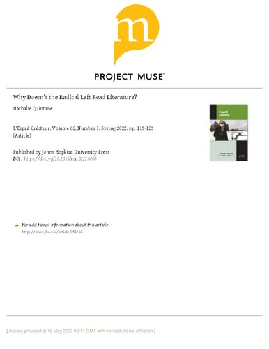 L'Esprit Créateur  Why Doesn't the Radical Left Read Literature?