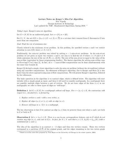 Lecture Notes on Karger’s Min-Cut Algorithm