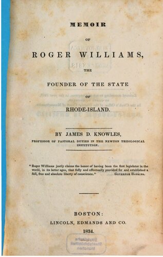 Memoir of Roger Williams, the Founder of the State of Rhode Island