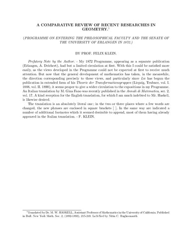 A Comparative Review of Recent Researches in Geometry (Programme on Entering The Philosophical Faculty and The Senate of The University of Erlangen in 1872.)