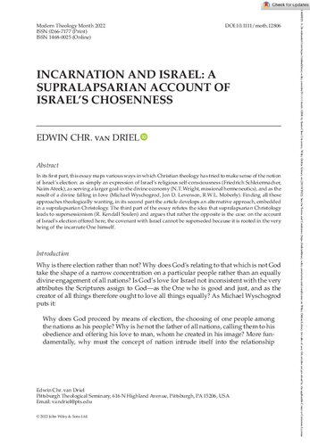 INCARNATION AND ISRAEL: A SUPRALAPSARIAN ACCOUNT OF ISRAEL’S CHOSENNESS