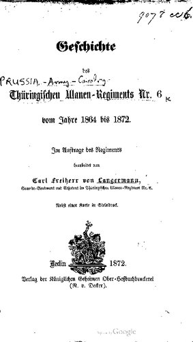 Geschichte des Thüringischen Ulanen-Regiments Nr. 6 vom Jahre 1864 bis 1872