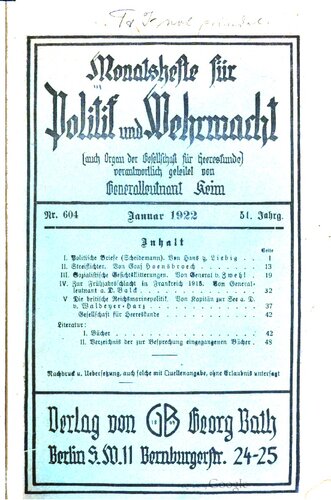 Monatshefte für Politik und Wehrmacht (auch Organ der Gesellschaft für Heereskunde)