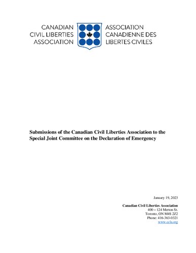 Canadian Civil Liberties Association to the  Special Joint Committee on the Declaration of Emergency